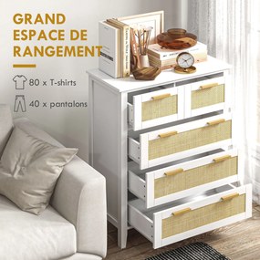 Cómoda com 5 gavetas, puxadores em madeira maciça e corrediças metálicas, para escritório, sala de estar ou quarto, 77 x 37 x 104 cm, branca