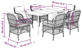 7 pcs conjunto de jantar p/ jardim c/ almofadões vime PE cinza