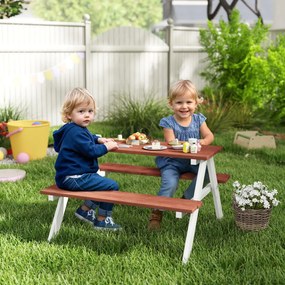Conjunto de Mesa e 2 Bancos Infantil de Madeira Mesa de Piquenique para Crianças de 3-8 Anos 89x79x50 cm Castanho e Branco