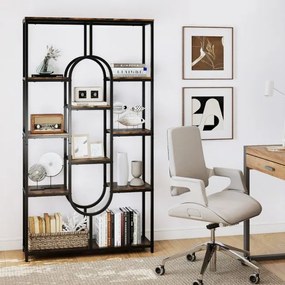 Estante de 5 níveis 95 x 30 x 175 cm com Prateleiras Abertas com Forma Ovalada Castanho rústico e preto