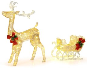 Renas e trenó iluminados Decoração de Natal para exterior com 100 luzes brancas quentes para jardim dourado