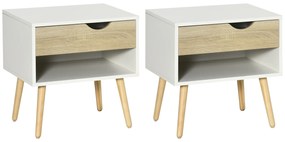 HOMCOM Conjunto de 2 Mesas de Cabeceira Mesa Auxiliar com 1 Gaveta e Prateleira de Armazenamento para Dormitório Sala de Estar Escritório Estilo Moderno 50x39x51cm Branco e Carvalho