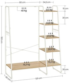 Cabide Guarda Roupa com prateleiras e ganchos 45 x 120 x 160 cm carvalho e branco