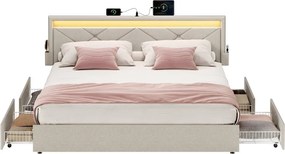 Estrutura de cama em metal 160 x 200 cm com iluminação LED, com gavetas e cabeceira bege cappuccino
