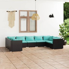vidaXL 9 pcs conjunto lounge de jardim c/ almofadões vime PE preto