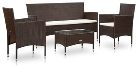 4 pcs conjunto lounge jardim c/ almofadões vime PE castanho