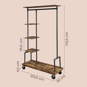 Guarda roupa aberto, design industrial, com rodas 40 x 103 x 174,5 cm castanho vintage