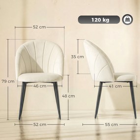 Conjunto de 2 Cadeiras de Jantar em Concha (MESA NÃO INCLUIDA), 52 x 55 x 79 cm, Estofadas em Veludo, Creme