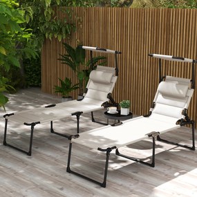 Conjunto de 2 espreguiçadeiras dobráveis de grande conforto, com encosto e capota ajustáveis em várias posições, cor creme