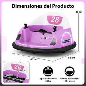 Carrinho choques elétrico para crianças 6v com controlo remoto, luz LED, buzina e música, rotação de 360° com cinto de segurança rosa