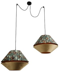 Candeeiro suspenso preto com abajur duplo de veludo com design de folha e bege 2 luzes - Cava Luxe Clássico / Antigo