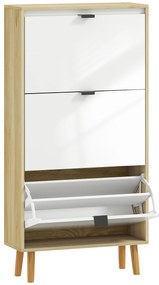 Sapateira Estreita com 3 Portas em Branco Brilhante Prateleiras Ajustáveis Pernas de Madeira para 18 Pares de Sapatos 60x24x127 cm
