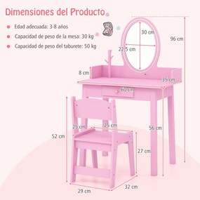 Conjunto de Toucador de Maquilhagem para Raparigas com Banco e Espelho Iluminado 2 Cores Iluminação LED Organizador de Jóias e Gaveta Rosa