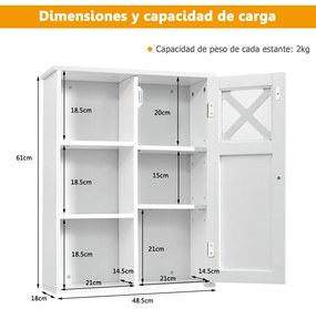 Armário de casa de banho de parede com prateleiras ajustáveis e compartimentos abertos  48-5 x 18 x 61 cm Branco