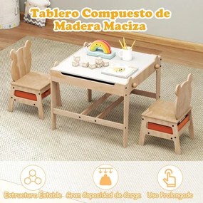 Conjunto de mesa e 2 cadeiras infantil 4 em 1 com quadro branco reversível e giz 2 gavetas de armazenamento Móvel de madeira Panda