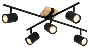 Candeeiro de teto preto com madeira 5 luzes ajustáveis retangular - Jeana Moderno,Industrial