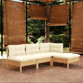 vidaXL 4 pcs conjunto lounge jardim c/ almofadões cor creme pinho