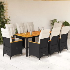 9 pcs conjunto de bistrô p/ jardim c/ almofadões vime PE preto