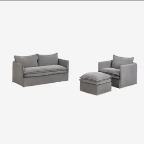Conjunto De Sala Grace Em Linho E Algodão Com Sofá De 2 Lugares, Poltrona E Pufe Tecido Cinzento Escuro - Sklum