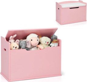 Baú de brinquedos 2 em 1, 74 x 39 x 52 cm com tampa Tampa elevável Utilização dupla como banco grande de madeira cor-de-rosa