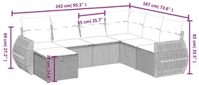 7 pcs conjunto de sofás jardim c/ almofadões vime PE castanho