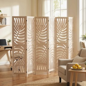 Biombo de interior em madeira com 6 painéis, 240 x 170 cm, dobrável e portátil, com padrão de folhas, design amovível, madeira natural