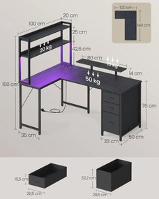 Secretária de canto em forma de L, 140 x 100 x 150 cm, com LED Preto