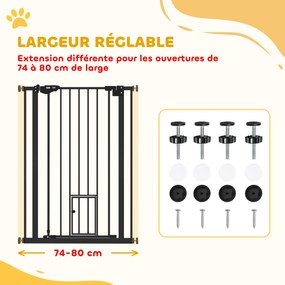Barreira de segurança para animais com 104 cm de altura com porta para gatos, fecho automático e sistema de dupla travagem, ajustável de 74 a 80 cm, e
