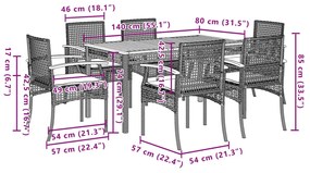 7 pcs conjunto de jantar p/ jardim com almofadões vime PE bege