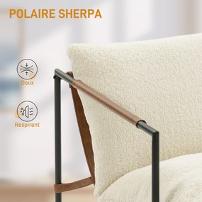 Poltrona de sala  77x91x80 cm, estofada em tecido bouclé, assento largo e estrutura em aço,, creme
