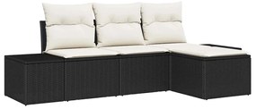 Conjunto de Sofá de Jardim com 4 peças e almofadas em rattan preto