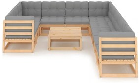 11 pcs conjunto lounge de jardim c/ almofadões pinho maciço