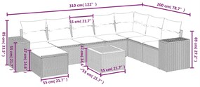 9 pcs conjunto sofás p/ jardim com almofadões vime PE cinzento