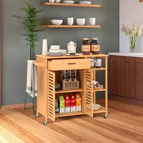 Carrinho de cozinha 104 x 40 x 89 cm com ilha de 90 cm com rodas em bambu Gaveta Prateleiras Natural