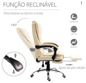 Cadeira de Escritório Reclinável Cadeira Executiva Giratória com Altura Ajustável Estofada em PU 64,5x69x109-117 cm Creme