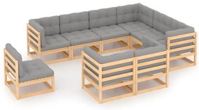 9 pcs conjunto lounge de jardim c/ almofadões pinho maciço