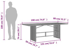 Mesa de jardim com tampo em acácia 190x80x74 cm vime PE preto