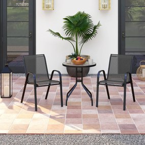 Conjunto móveis de Jardim 3 peças 2 cadeiras empilháveis 1 mesa de apoio Vidro temperado Tecido respirável Jardim Varanda Terraço Pátio Preto