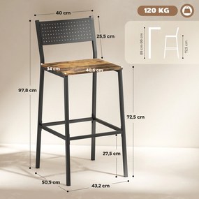 Conjunto de 2 bancos de bar, cadeiras de bar, assento com 72,5 cm de altura, encosto e apoio para os pés, pés em metal, castanho rústico