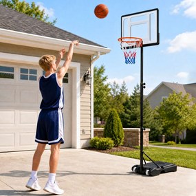 Cesto de Basquetebol Portátil, 76 x 46 x 263–308, Altura Regulável em 5 Níveis, Preto
