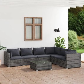 7 pcs conjunto lounge de jardim c/ almofadões vime PE cinzento