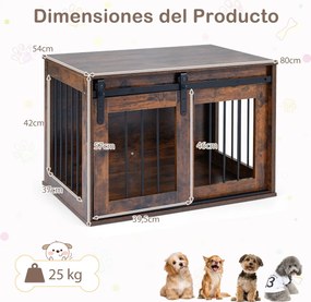 Gaiola para cães com porta de correr 80 x 54 x 57 cm, estilo celeiro, Estrutura metálica com acabamento em madeira, para cães de pequeno e médio porte