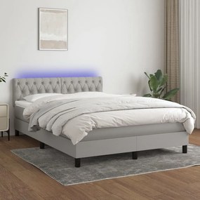 Cama box spring c/ colchão e LED 140x190 cm tecido cinza-claro