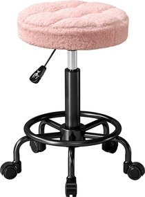 Banco Giratório Cosmetica Redondo Banco com Rodas Altura Regulável 50-66 cm Assento Estofado em Tecido tipo Borreguito Rosa