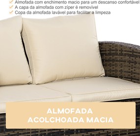 Conjunto de Jardim Exterior de Vime 6 Peças Almofadas Sofá de Dois Lugares Sofá de Três Lugares 2 Cadeiras 2 Mesas Auxiliares Cáqui