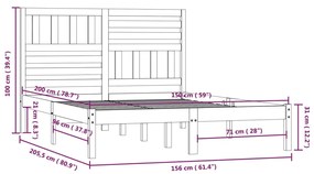 Estrutura de cama king size 150x200 cm pinho maciço preto