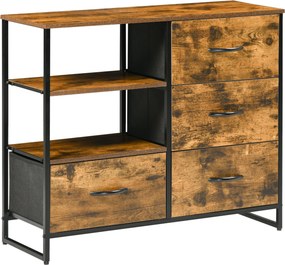 HOMCOM Cómoda 4 Gavetas Tecido Dobrável 2 Prateleiras Abertas Estilo Industrial 84x30x71,4cm Marrom Rústico | Aosom Portugal