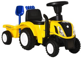 HOMCOM Trator para Crianças de 12-36 Meses com Reboque Removível Carro Andador com Buzina Farol Pá e Ancinho Carga 25kg 91x29x44cm Amarelo