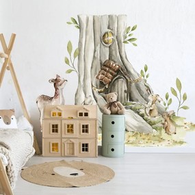 Autocolante de parede Woodland - Árvore, casa e animais da floresta
