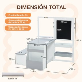 Conjunto de mesa e banco de arte para crianças com cavalete ajustável de dupla face, quadro magnético e rolos de papel substituíveis Branco e cinzento